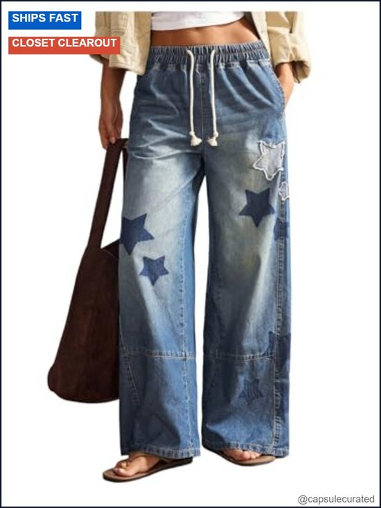 Denim - SOLY HUX Women's Y2k Baggy Jeans Star Graphic Denim Pants Drawstring Wide Leg